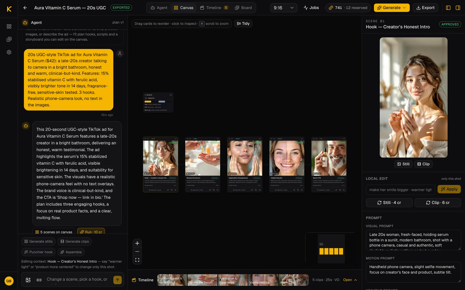 The scene inspector with the local-edit box, prompts, model picker and the product dossier